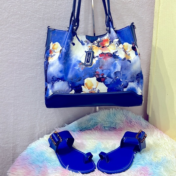 Sharif Handbags - SHARIF Genuine Leather Rare floral hand painted & Fashion Royal Blue Sandals